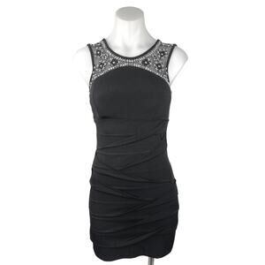 Deb Black Beaded Embroidered Sleeveless Ruched Cocktail Bodycon Mini Dress Sz S